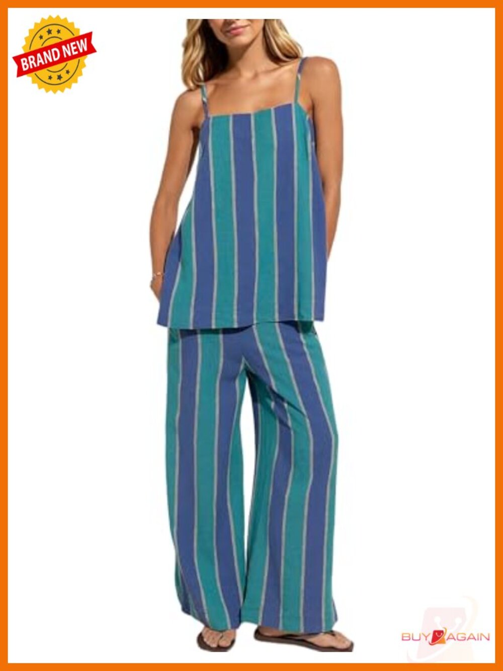 Linen Blend Striped 2 Piece Lounge Set Cami Wide Leg Pants